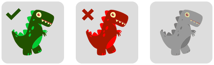 Imagens de 3 dinos a serem usadas nos exemplos desta matéria. Dino verde (para elementos selecionados), dino vermelho (para elementos não selecionados) e dino cinza para elementos que não existem